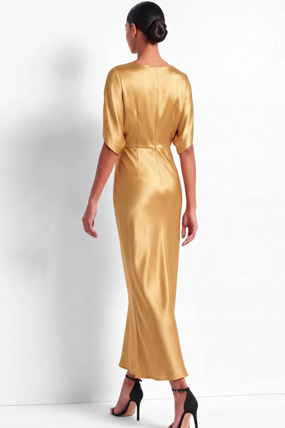 Cape-Sleeve Satin Column Maxi Dress