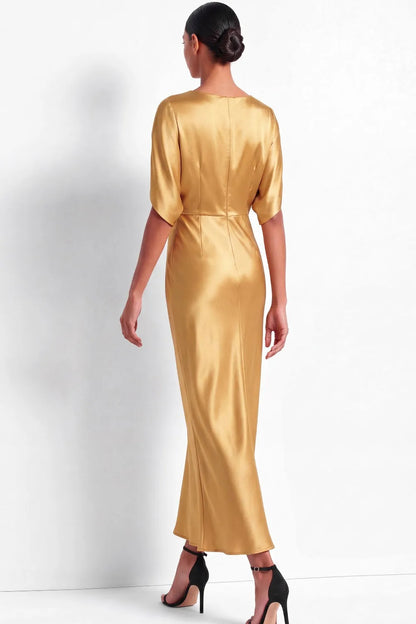 Cape-Sleeve Satin Column Maxi Dress