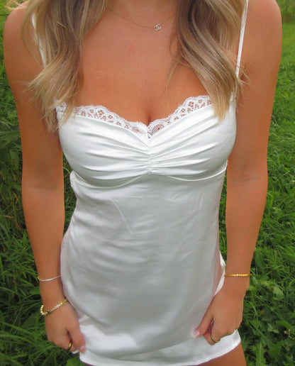 Lace-Trim Satin Slip Mini Dress with Open Back