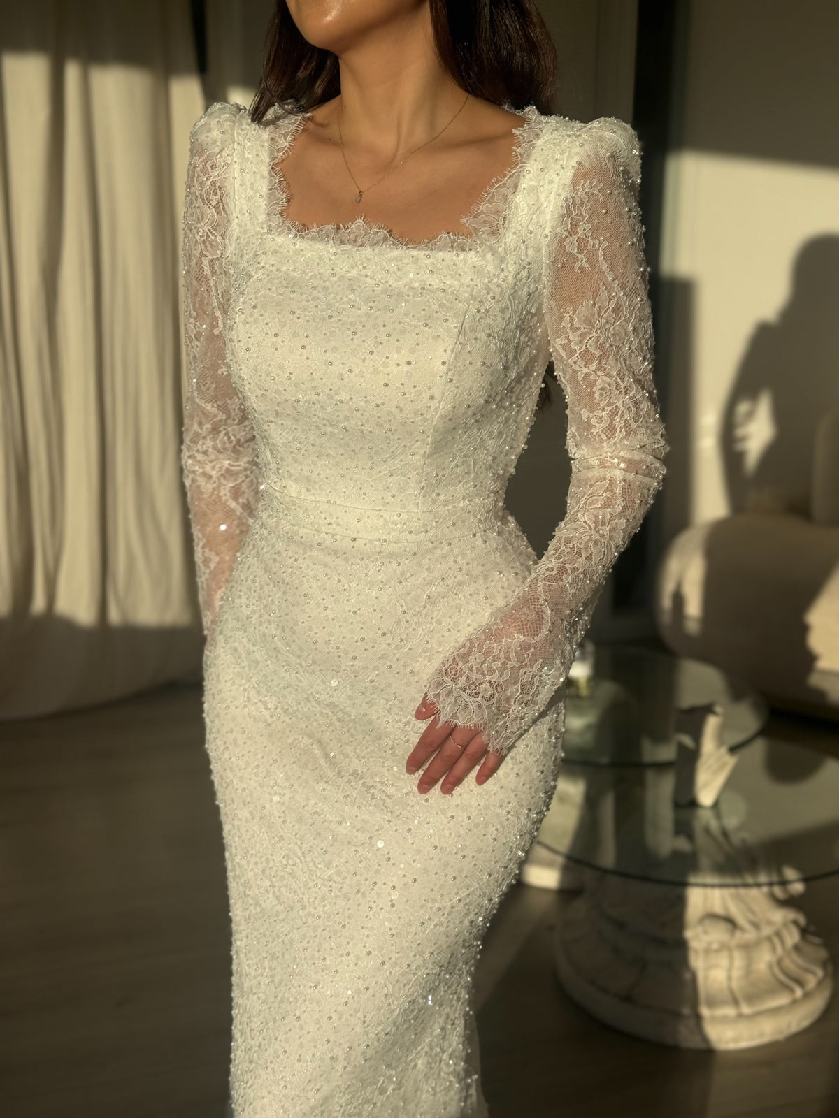 Beaded Lace Square Neck Long Sleeve Wedding Dress