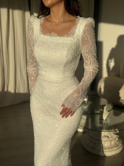 Beaded Lace Square Neck Long Sleeve Wedding Dress