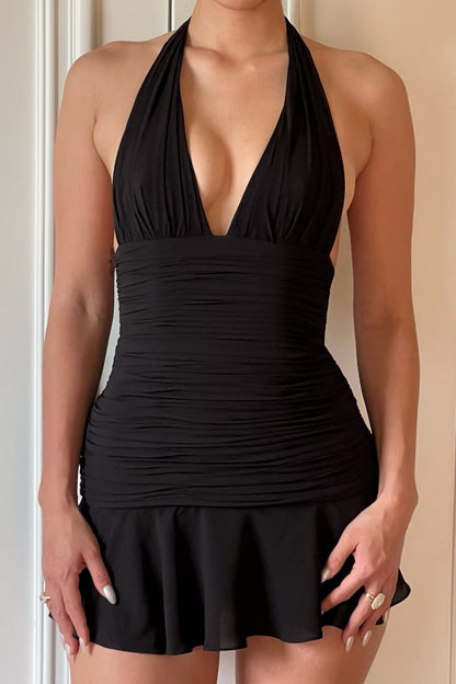 Deep V-Neck Ruched Halter Mini Dress