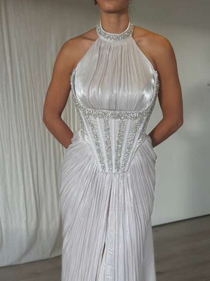 Halter Corset Evening Gown with Beaded Trim