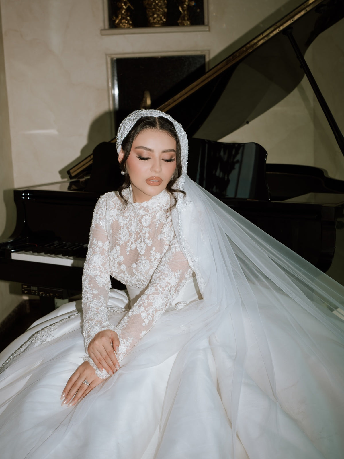 High Neck Lace Bodice Satin Ball Gown Wedding Dress