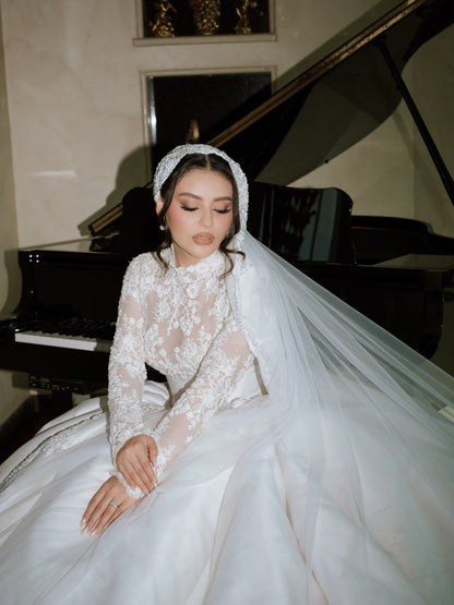 High Neck Lace Bodice Satin Ball Gown Wedding Dress