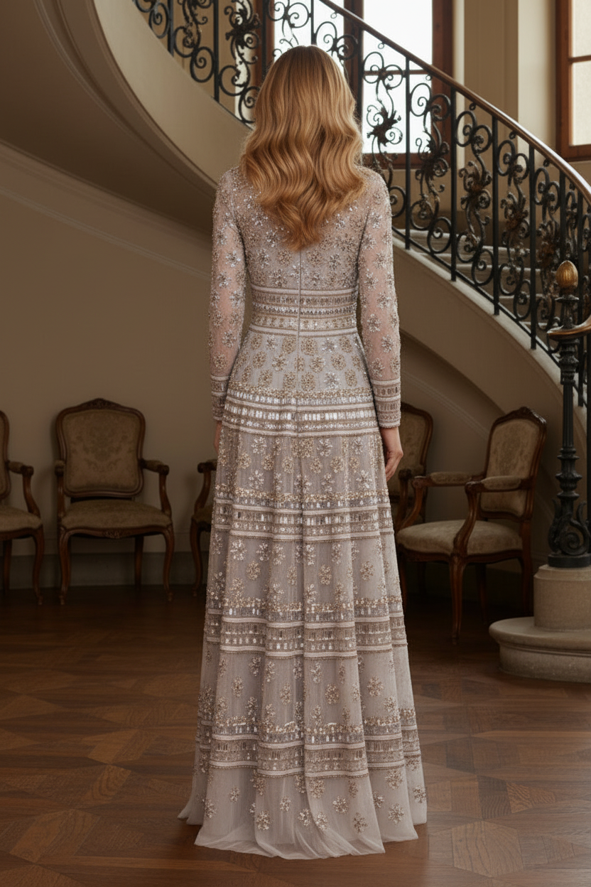 Long Sleeve Beaded Floral Tulle Evening Gown