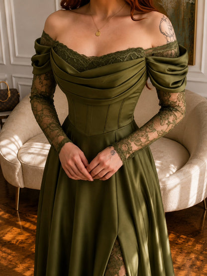 Off-the-Shoulder Corset Gown with Lace Underlay