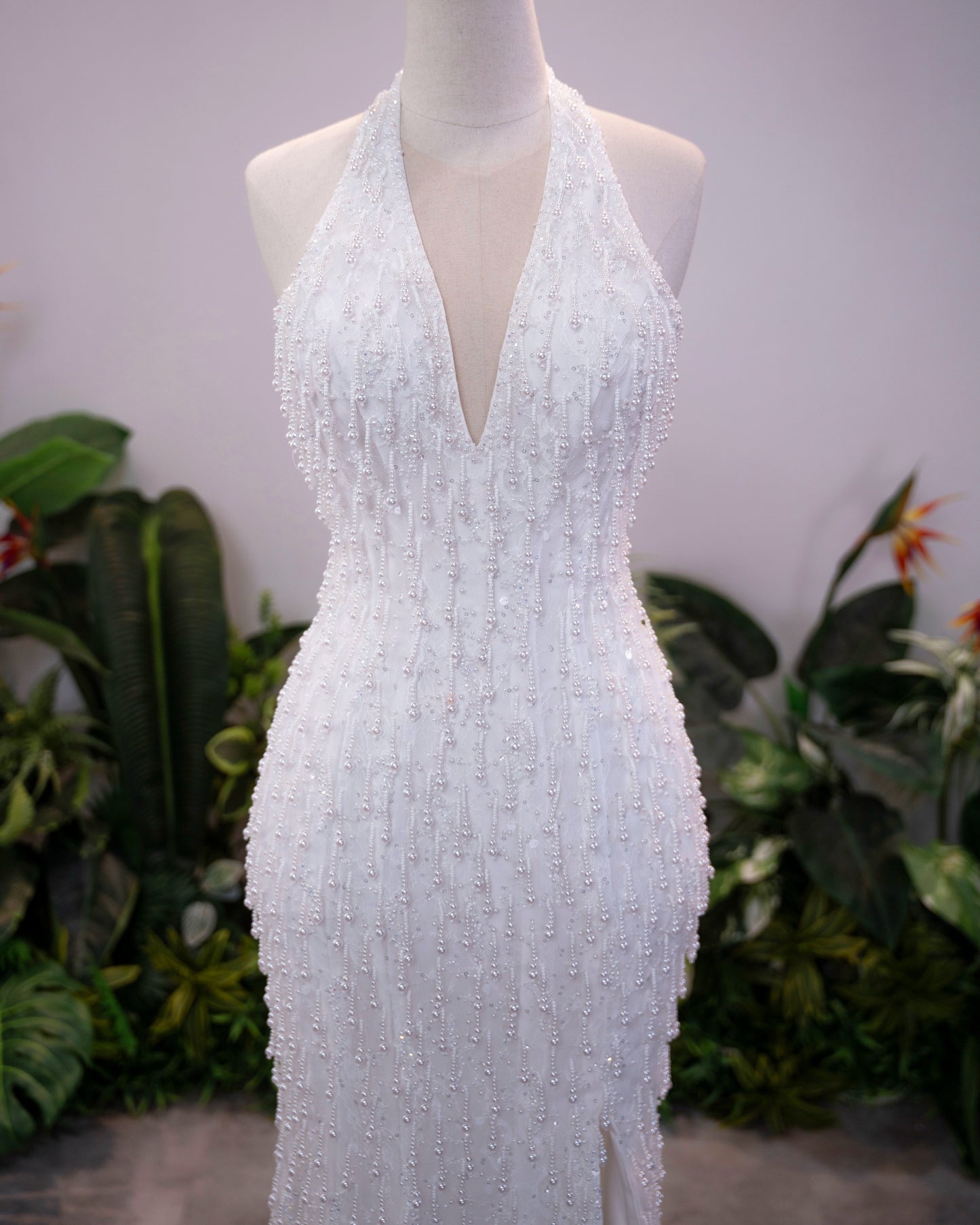 Beaded Halter Deep V Mermaid Evening Gown with Slit