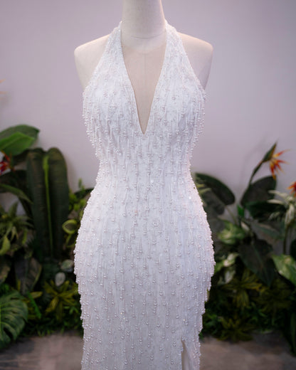 Beaded Halter Deep V Mermaid Evening Gown with Slit