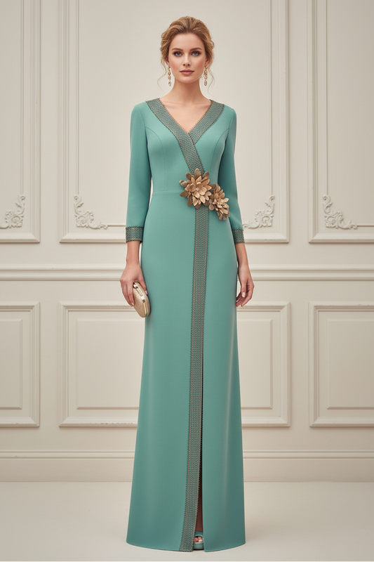 V-Neck 3/4 Sleeve Crepe Gown with 3D Flowers