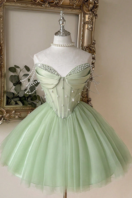 Pearl-Embellished Corset Mini Dress with Tulle Skirt