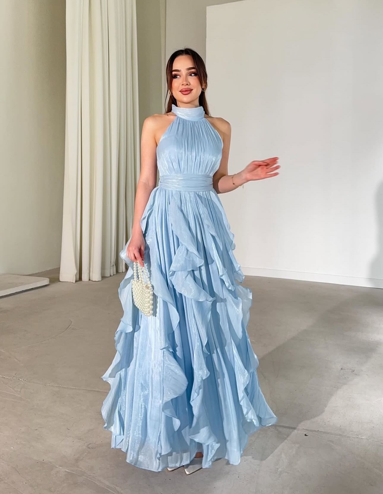 Halter Neck Pleated Ruffle Evening Gown