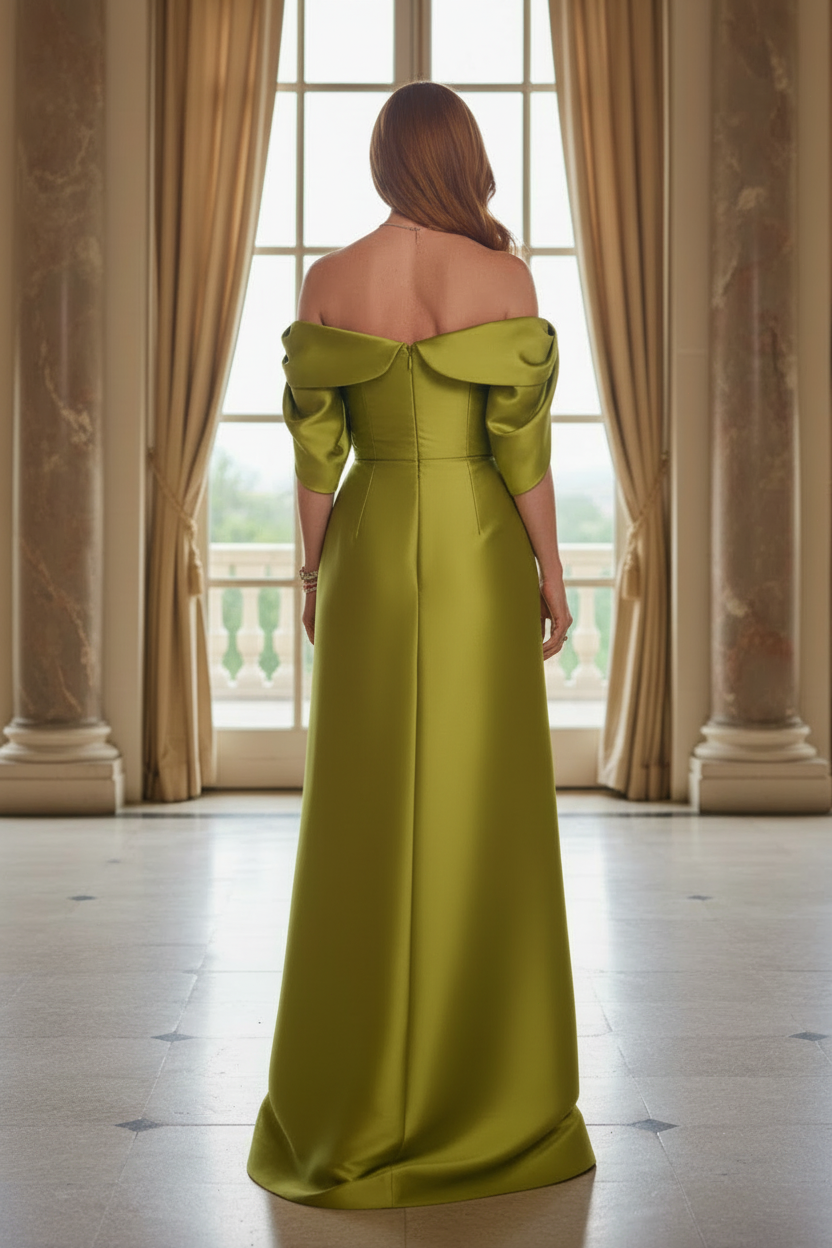 Off-Shoulder Satin Gown with Floral Motif