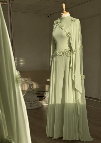 High Neck Cape Evening Gown with 3D Floral Appliques