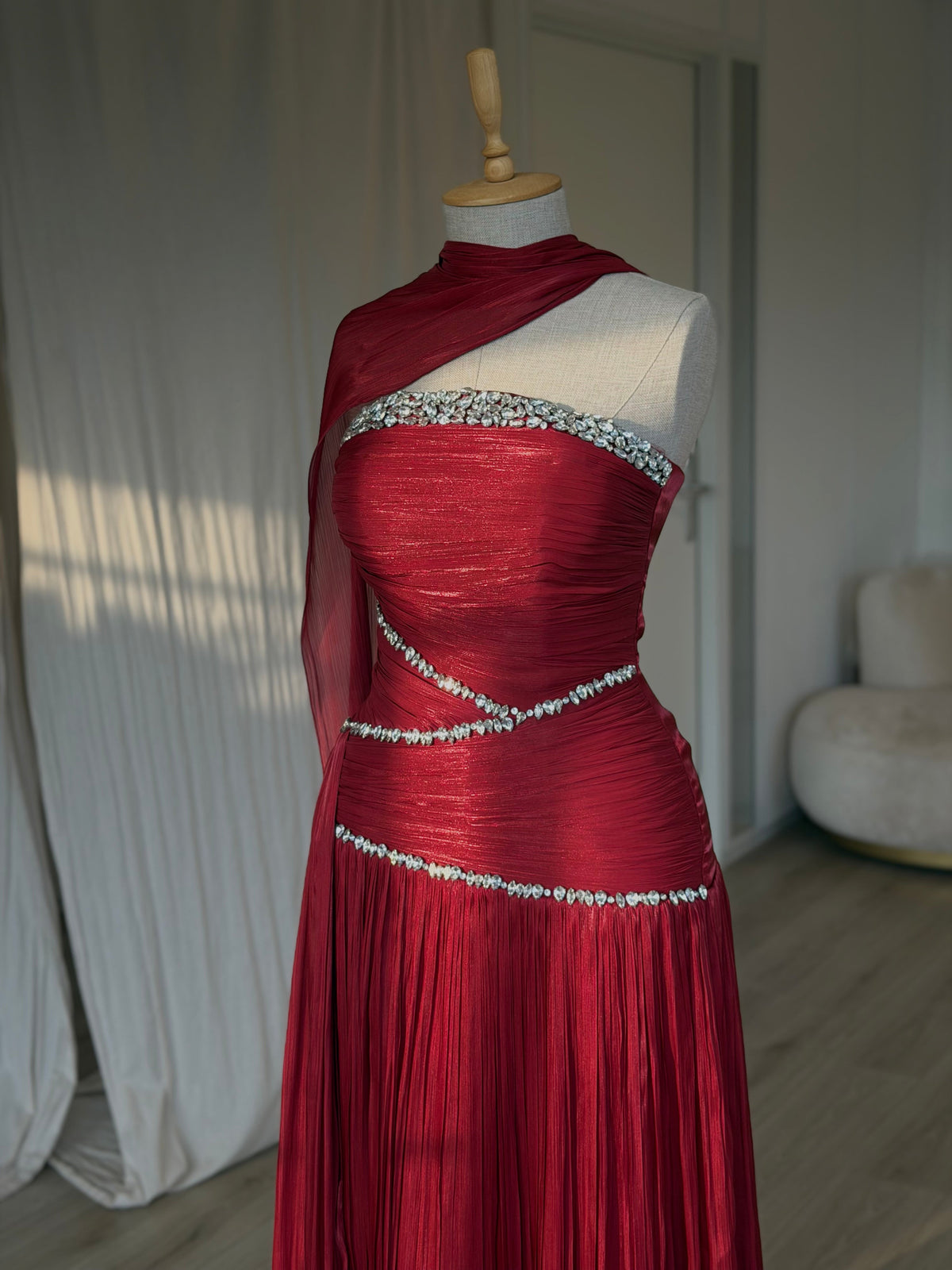 Ruched Column Gown with Draped Cape and Crystal Trim
