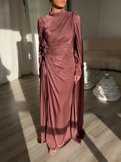 Ruched High-Neck Gown with Cape Sleeve & Rosette