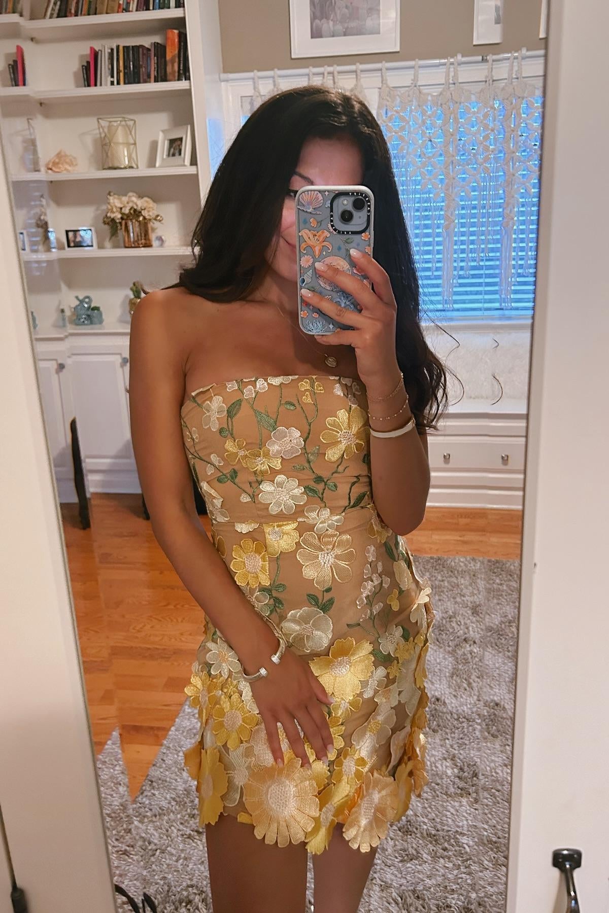 Strapless Floral Applique Embroidered Mini Dress