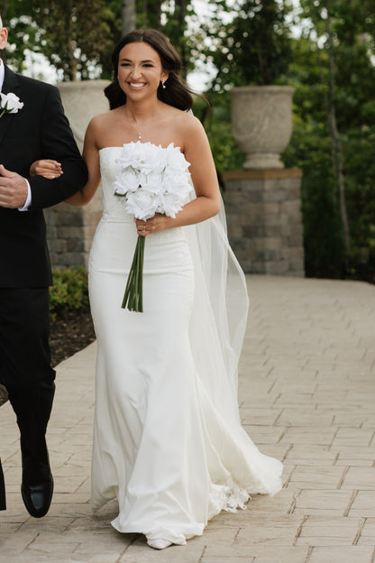 Strapless Sheath Wedding Gown with Lace Overskirt Train