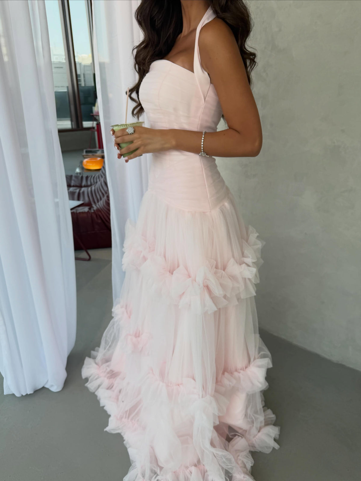 Tiered Tulle Ruffle Halter Evening Gown