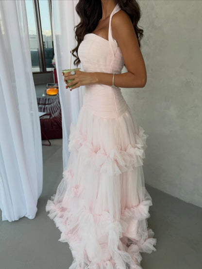 Tiered Tulle Ruffle Halter Evening Gown