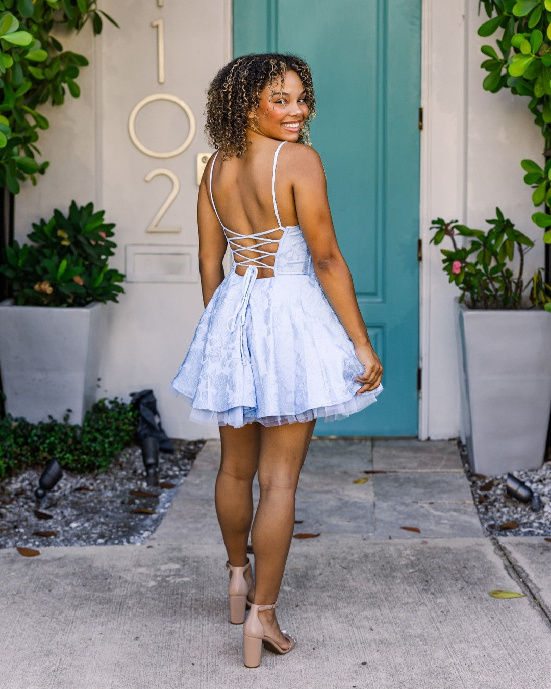 Lace-Up Back Jacquard Skater Dress with Tulle