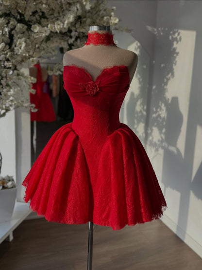 Sweetheart Pleated Lace Mini Party Dress