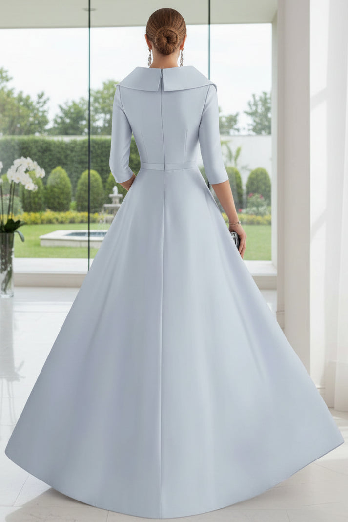 Dusty Blue Mermaid Overskirt Evening Gown with Sequin Skirt & 3/4 Sleeves