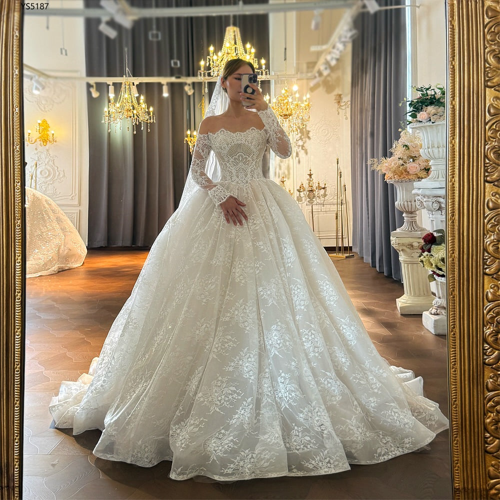Off-Shoulder Long Sleeve Lace Ball Gown Wedding Dress