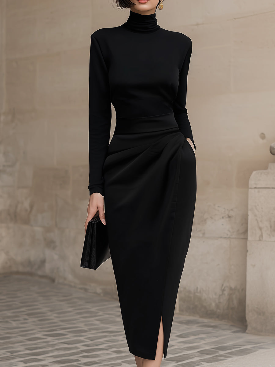 High Neck Draped Midi Dress with Long Sleeves