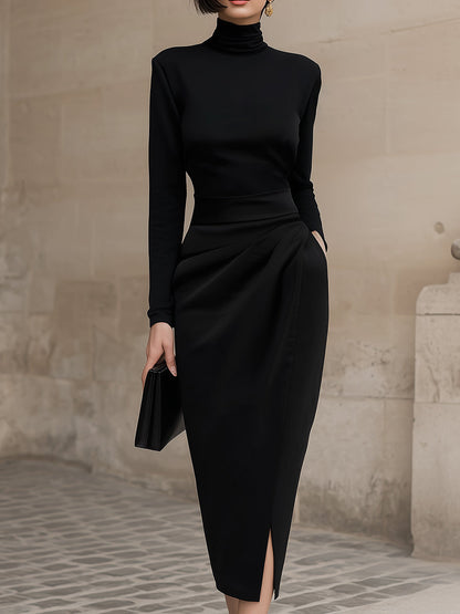 High Neck Draped Midi Dress with Long Sleeves