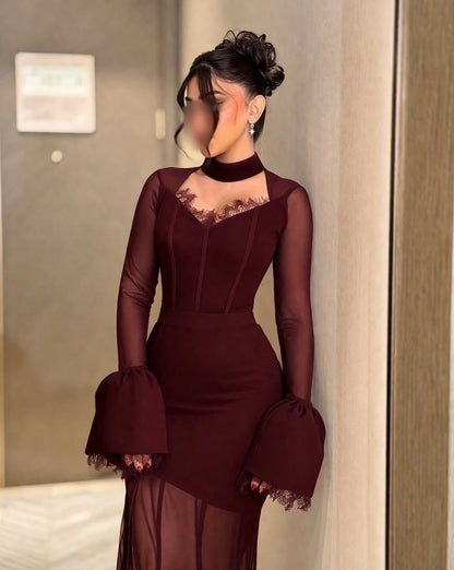 High-Neck Mermaid Evening Gown with Bell Sleeves