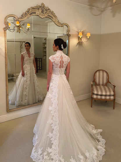 Lace High Neck A-Line Wedding Dress with Train