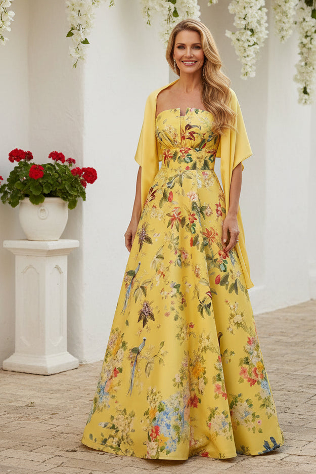 Floral Print Strapless A-Line Gown with Shawl