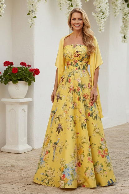 Floral Print Strapless A-Line Gown with Shawl