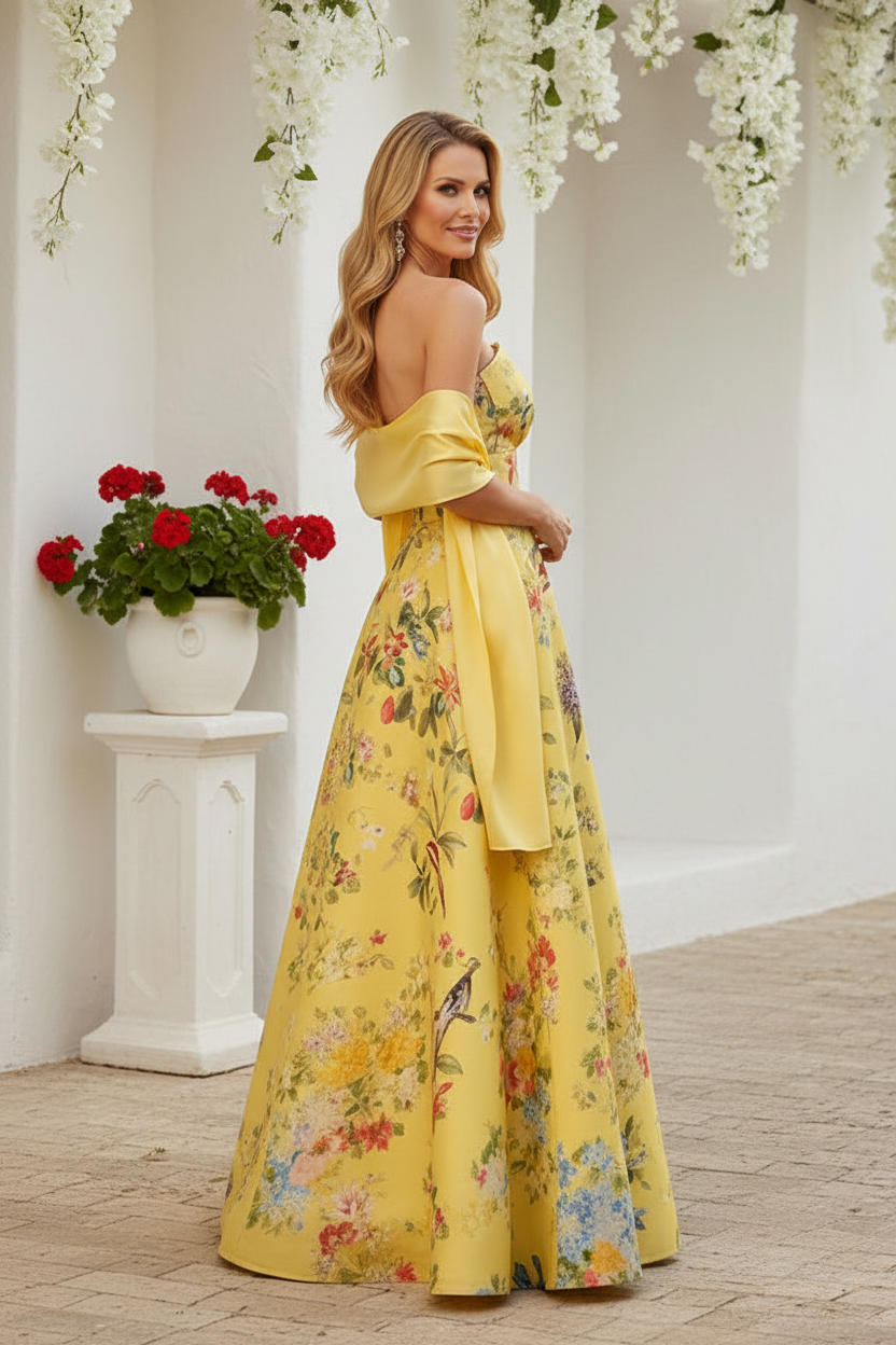 Floral Print Strapless A-Line Gown with Shawl