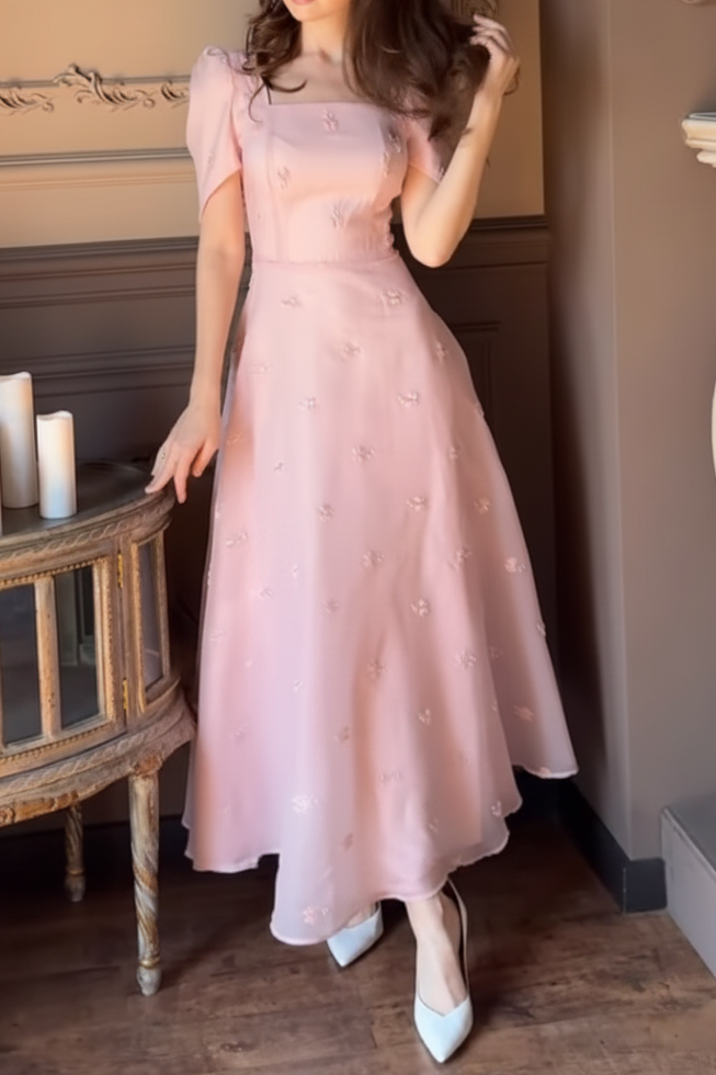 Puff Sleeve Square Neckline Midi Dress with Lace-Up Back