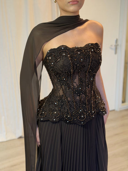 Corset Lace Evening Gown with Pleated Skirt