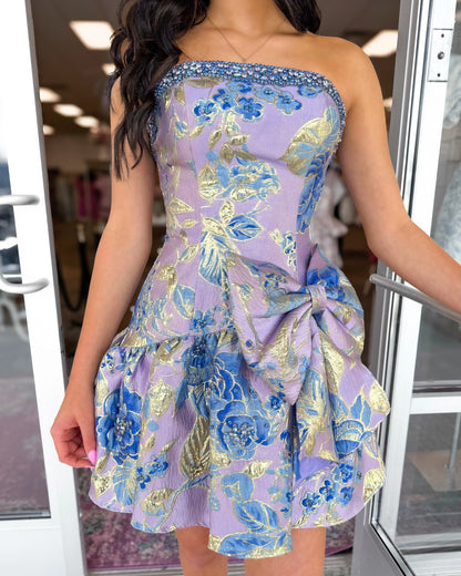 Strapless Floral Jacquard Mini Dress with Bow