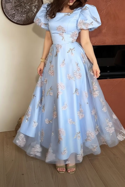 Floral Embroidered Puff Sleeve A-Line Tulle Gown