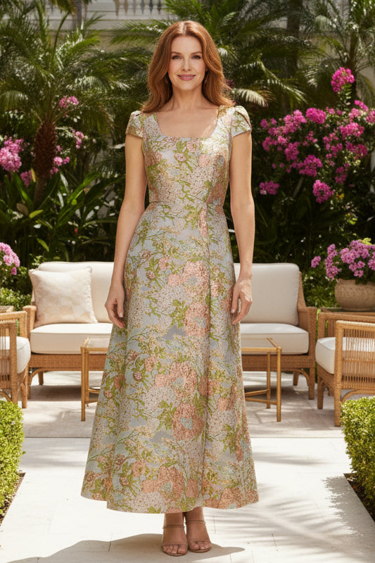 Floral Jacquard Square Neck Cap Sleeve A-Line Dress