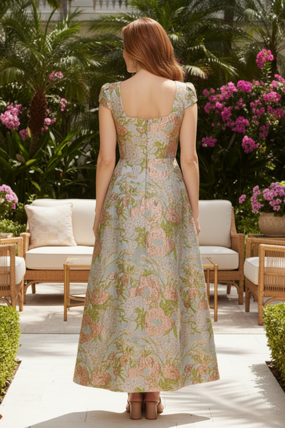Floral Jacquard Square Neck Cap Sleeve A-Line Dress