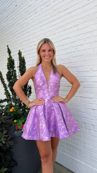 Halter Plunging Neckline Jacquard Mini Dress
