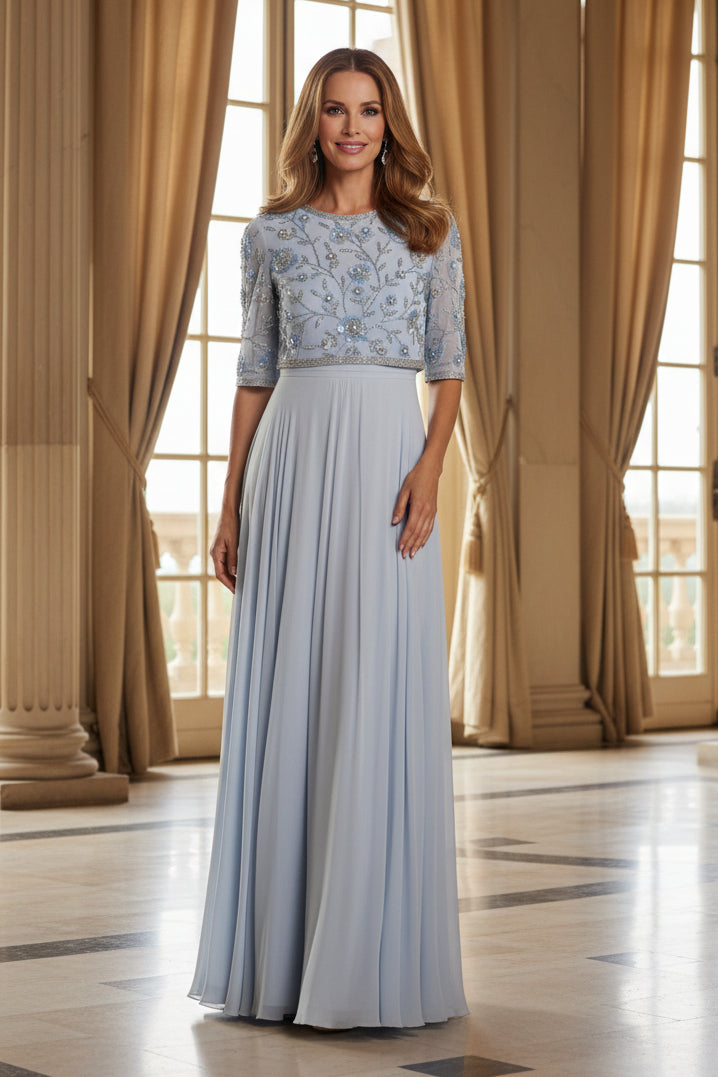 Beaded Floral Bodice A-Line Floor-Length Gown