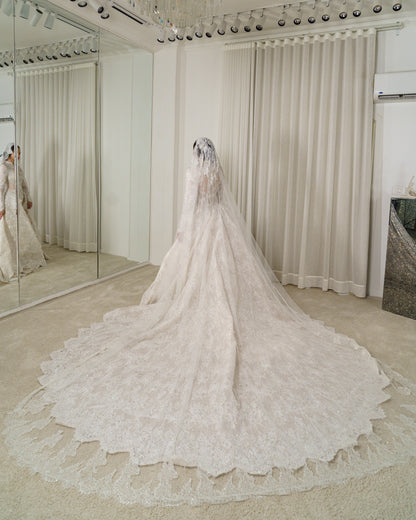 High Neck Long Sleeve Lace Wedding Dress with Overskirt