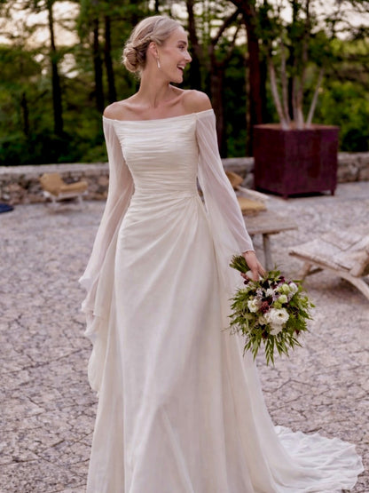 Off-Shoulder Ruched Chiffon Wedding Dress