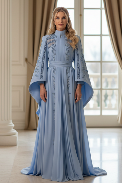 Embroidered Cape Sleeve Kaftan Evening Gown