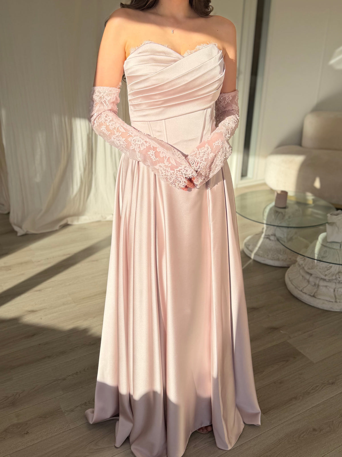 Strapless Corset Satin Ball Gown with Lace Gloves
