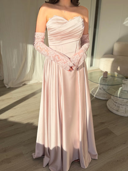 Strapless Corset Satin Ball Gown with Lace Gloves