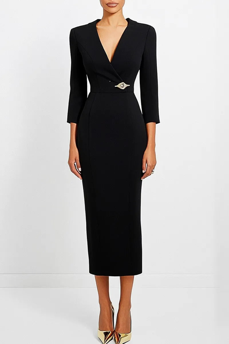 V-Neck Midi Sheath Dress with 3/4 Sleeves