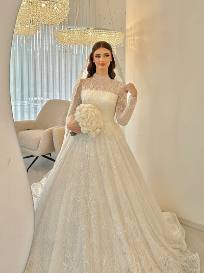 Illusion Long Sleeve Beaded Ball Gown Wedding Dress